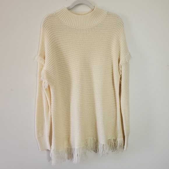 Umgee Cream Fringe Oversized Waffle Knit Pullover Mock Neck Sweater Small - Picture 2 of 6
